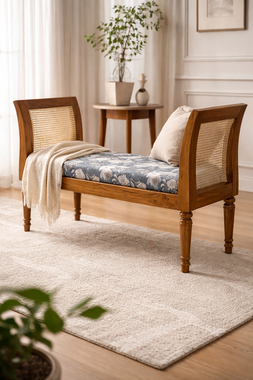Handcrafted Teak Wood & Rattan Cane Bench with Floral Upholstery Fabric 2 Seater Sofa (Finish Color - TEAK COLOUR, Pre-assembled)