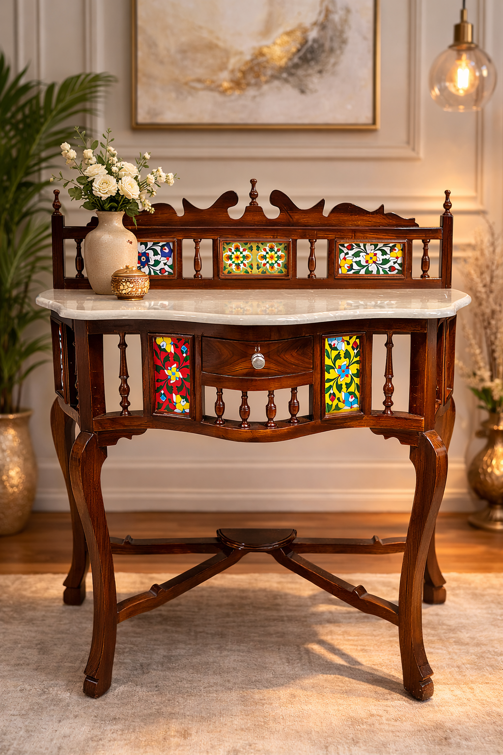 Lumber Casa Console Table with Marble Top, Colorful Floral Tile Inlay, Wooden, 91x38x91 cm