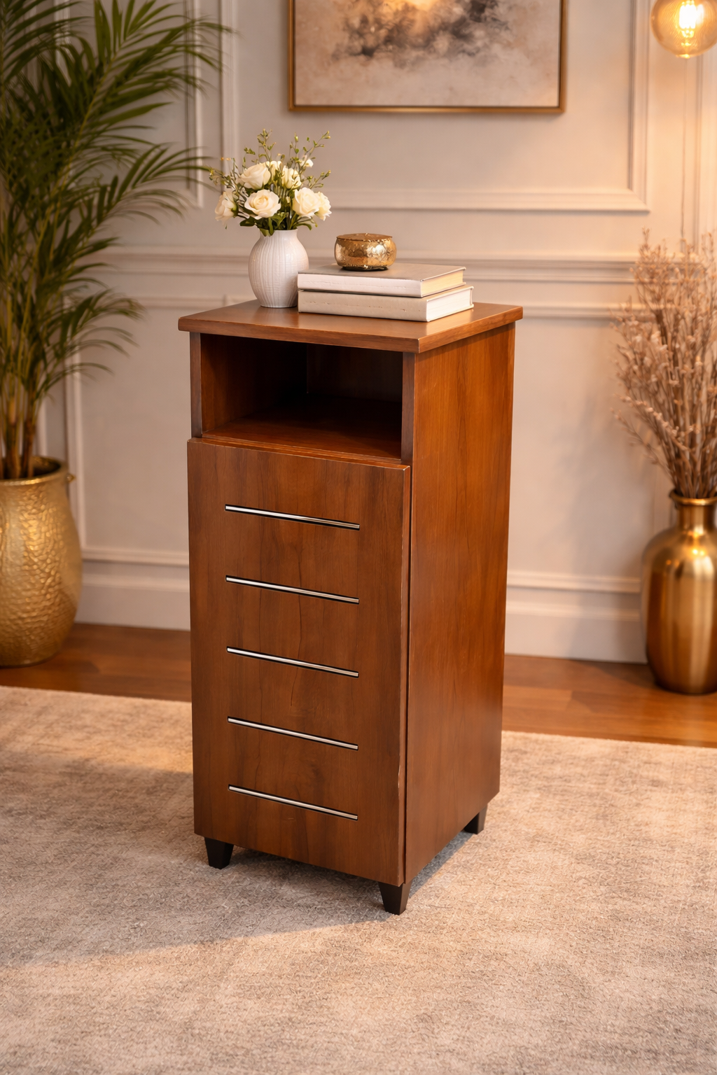 Premium teak wood cabinet by Lumber Casa, durable design with shelves and door for organized storage.