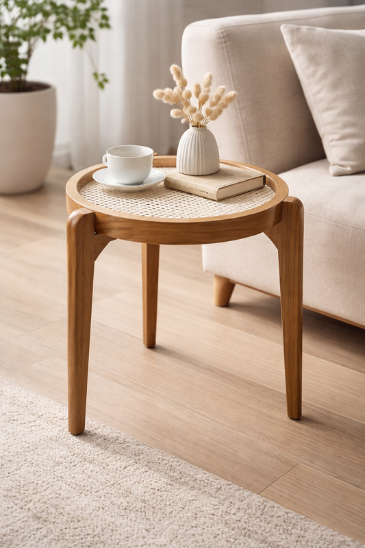 Handcrafted Natural Teak Wood Bar Stool with Premium Rattan Cane Weaving Solid Wood Bar Stool (Finish Color - LIGHT WALNUT, Pre-assembled)