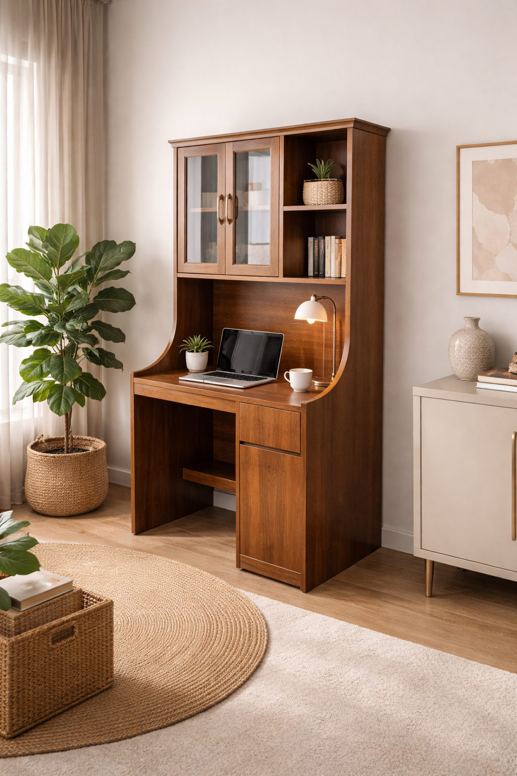 Lumber Casa Study Table with Hutch, Wooden Desk with Glass Door Cabinet and Storage Drawers, 91x48x182.88 cm