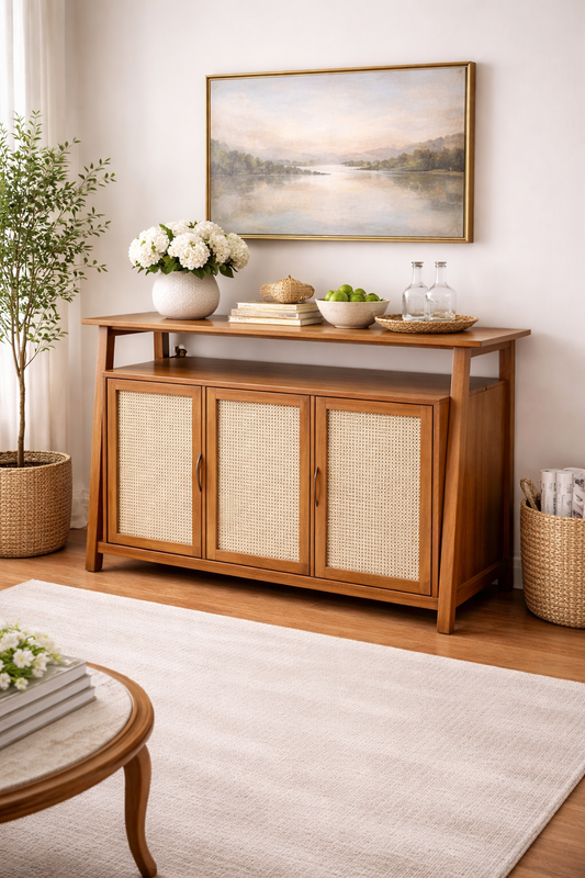 Premium Teak Wood & Rattan Cane CABINET with Semi-Matt Melamine Finish