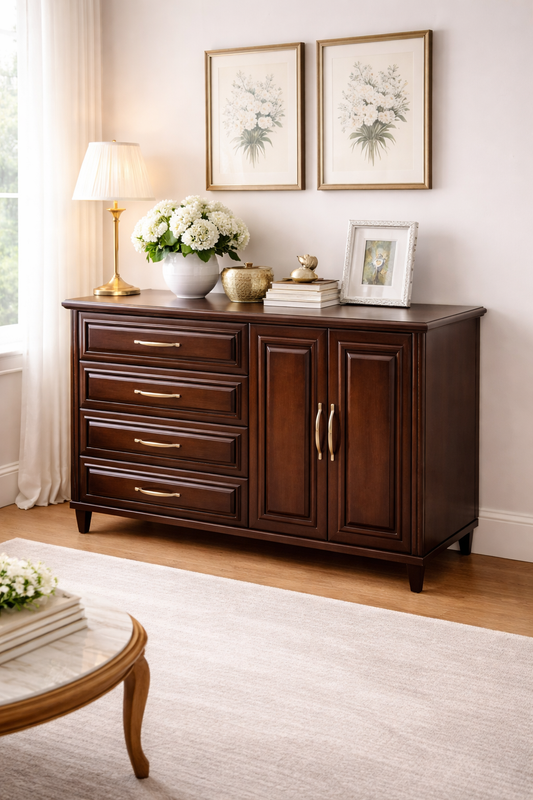 Premium Teak Wood Cabinet with 4 Drawers and Matt Melamine Polish Solid Wood Free Standing Cabinet (Finish Color - WALNUT, Door Type- Hinged, Pre-assembled)