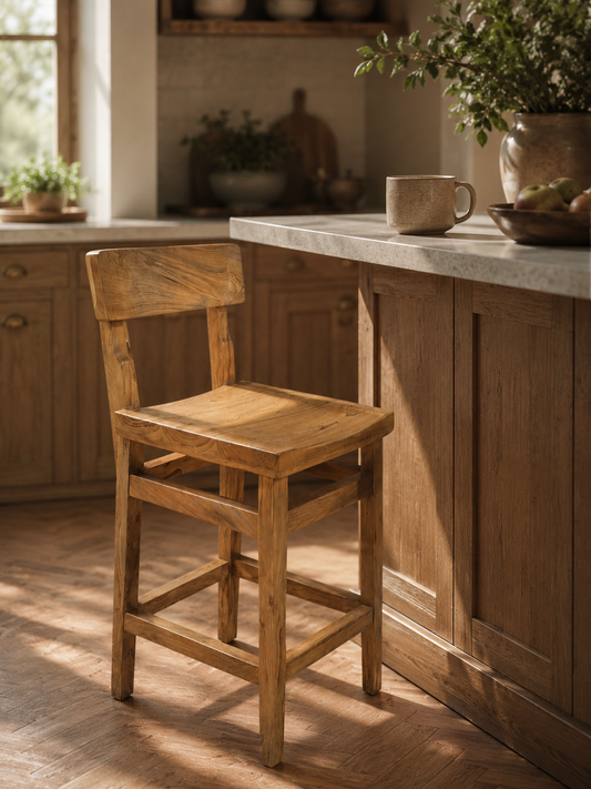 Lumber Casa Premium Solid Teak Wood Bar Chair in Natural Matt Finish | Luxury Counter Height Stool for Home and Bar Solid Wood Bar Chair (Finish Color - natural teak colour, Pre-assembled)