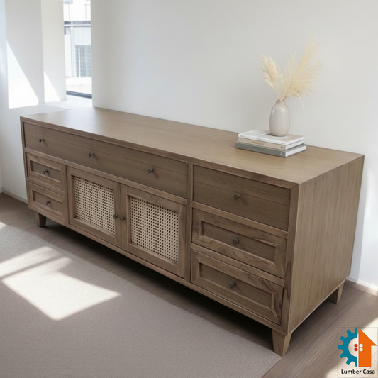 Lumber Casa Chest of Drawers, Solid Wood with Rattan Cane Door Panels, Natural Brown