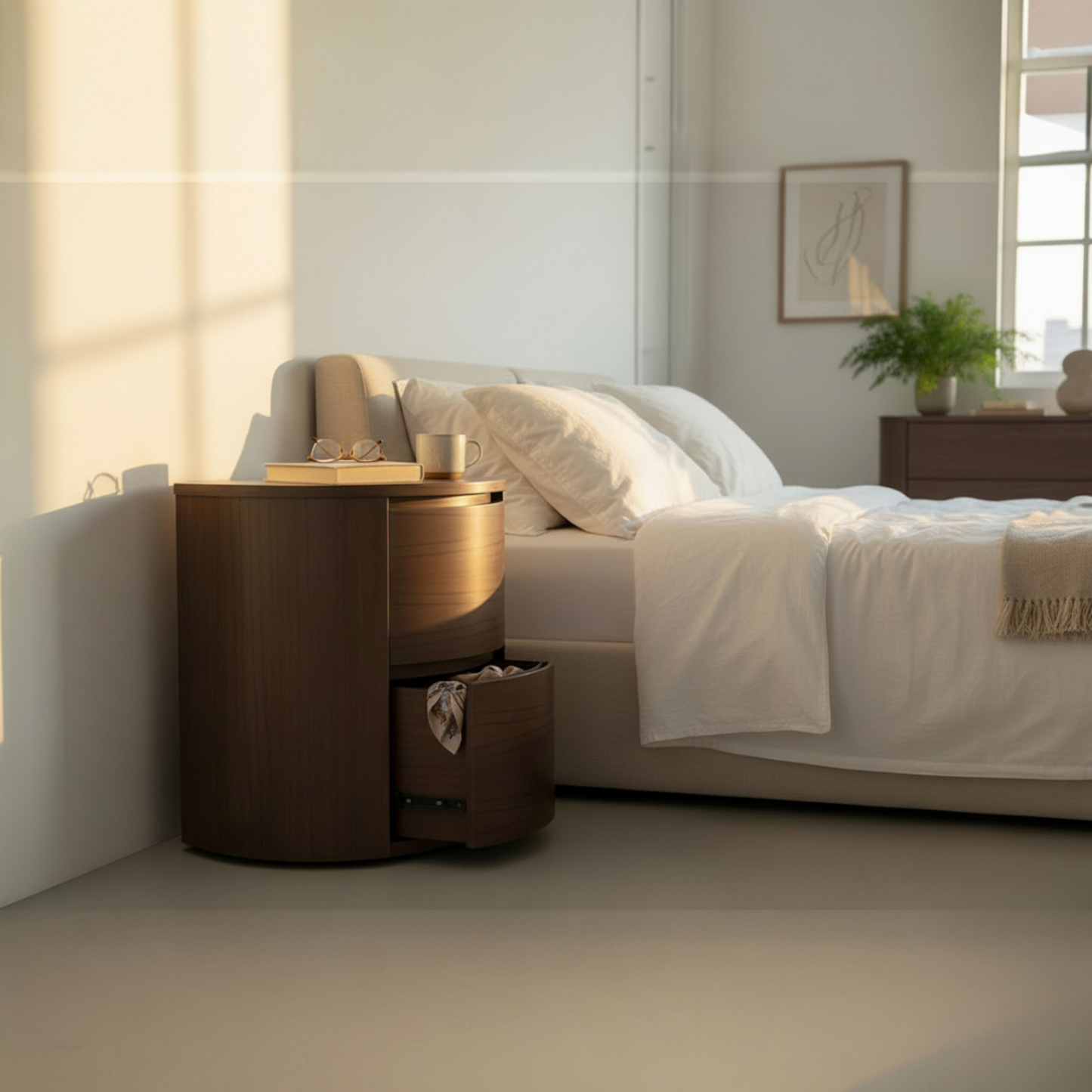 Modern Round Wooden Side Table with 2 Drawers
