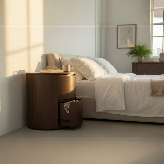 Modern Round Wooden Side Table with 2 Drawers