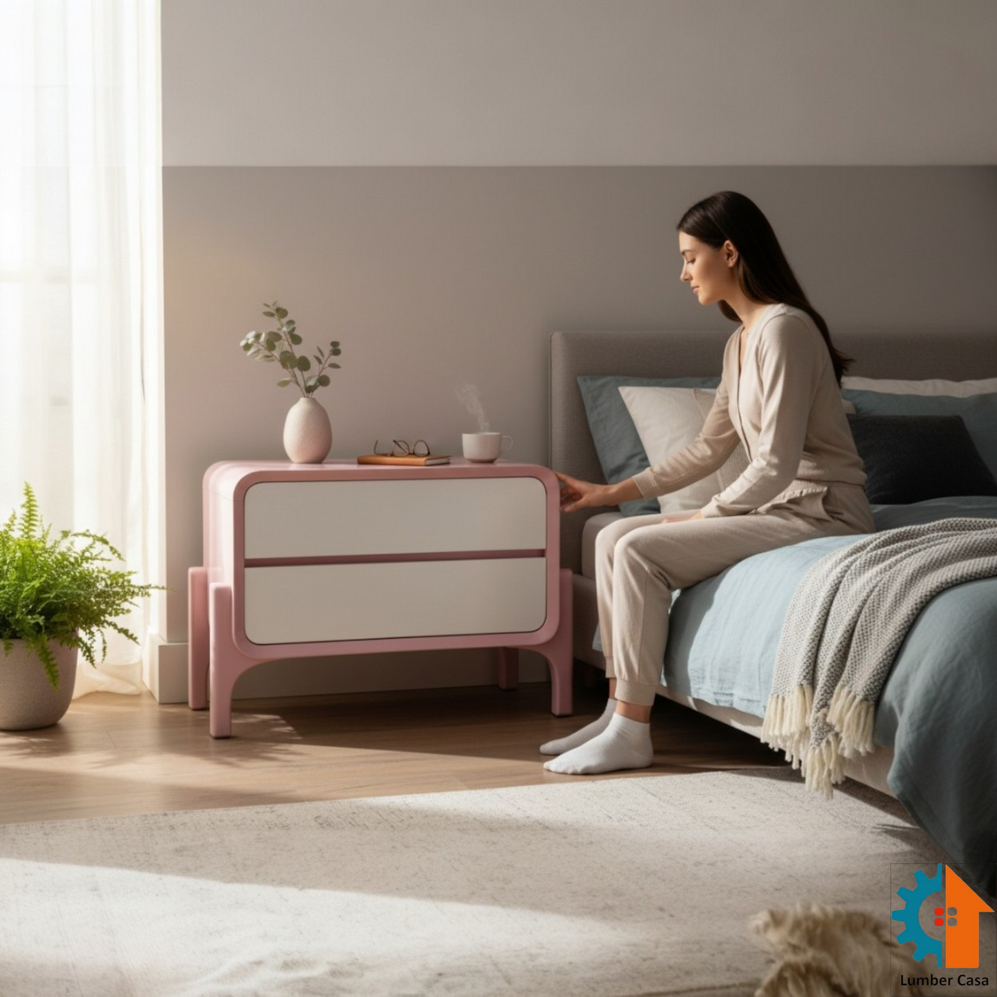 Modern Dual-Tone Pink and White Teak Wood Two-Drawer Bedside Table with Mid-Century Curved Legs