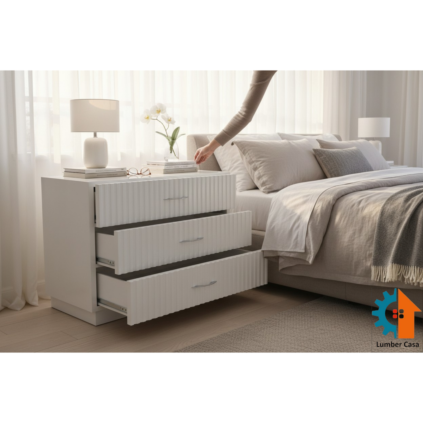 Modern White Fluted 3-Drawer Plywood and MDF Dresser with Elegant Silver Chrome Handles