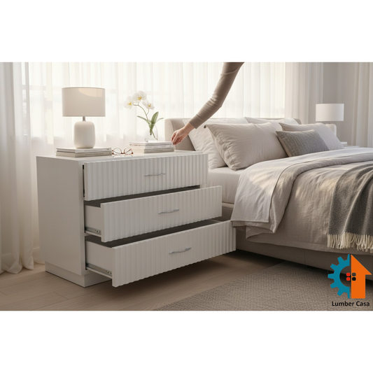 Modern White Fluted 3-Drawer Plywood and MDF Dresser with Elegant Silver Chrome Handles