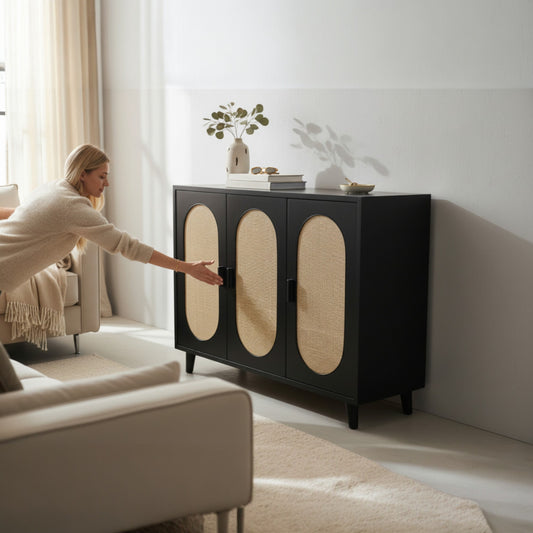 Black Storage Cabinet with Rattan Doors