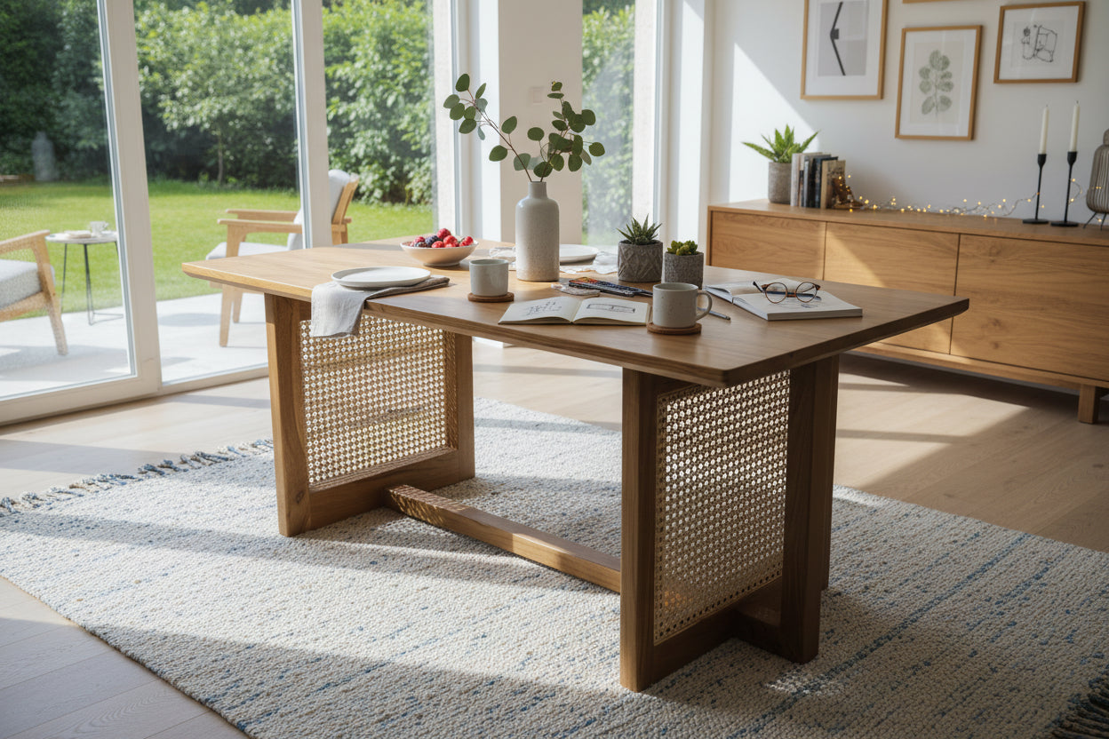 Elevate Your Living Room with Our Stunning Teak Wood Coffee Table Featuring Natural Cane Weaving. The Teak Colour Matte Finish adds a Touch of Warmth and Sophistication.
