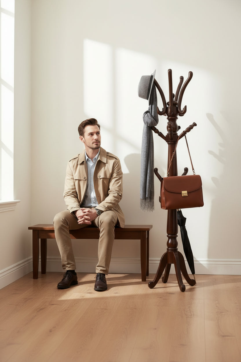 solid wood coat and umbrella stand (finish colour - teak colour semi matt finish, pre assembled