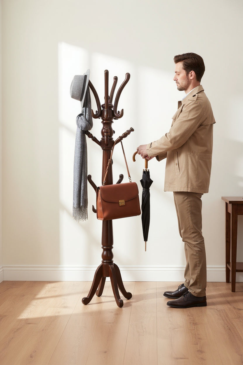 solid wood coat and umbrella stand (finish colour - teak colour semi matt finish, pre assembled
