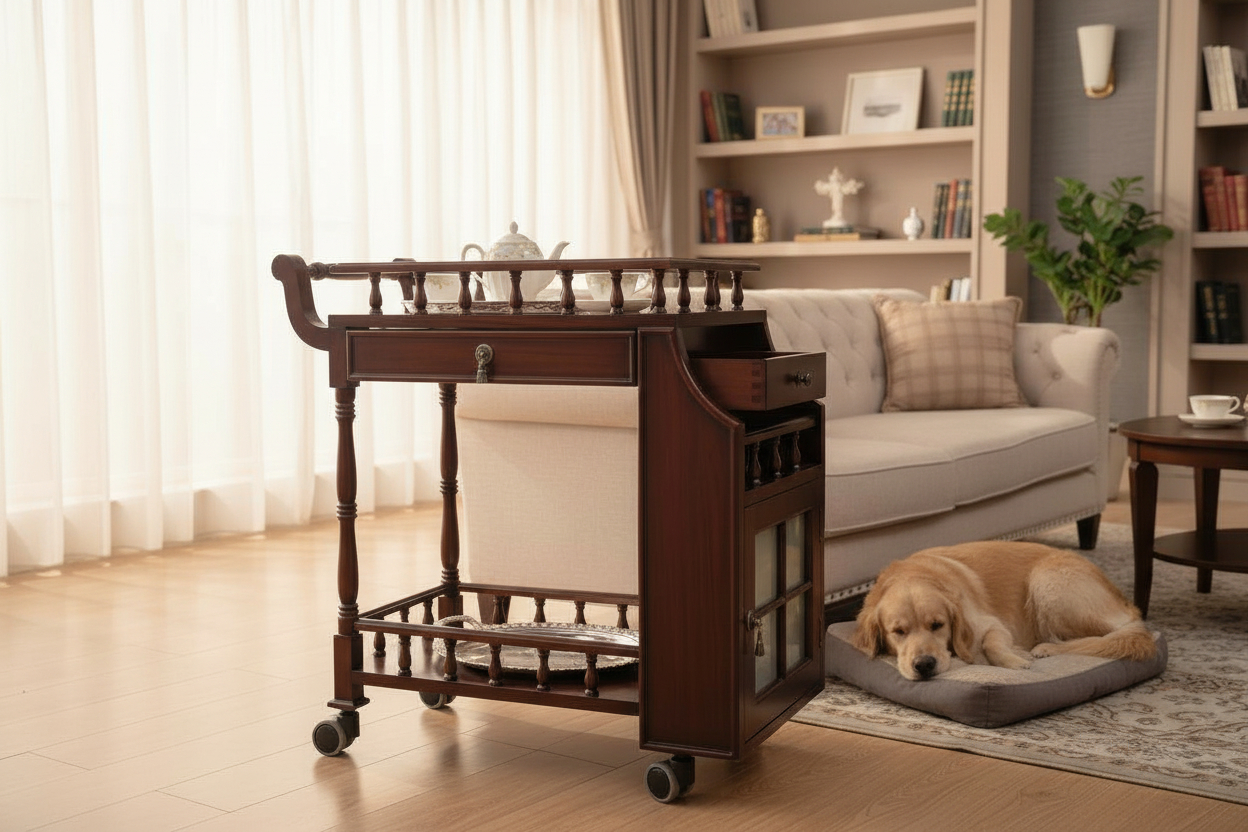 Solid Wood Bar Trolley with Shelves and Hooks, Light Walnut Finish, Pre-Assembled (Brown)
