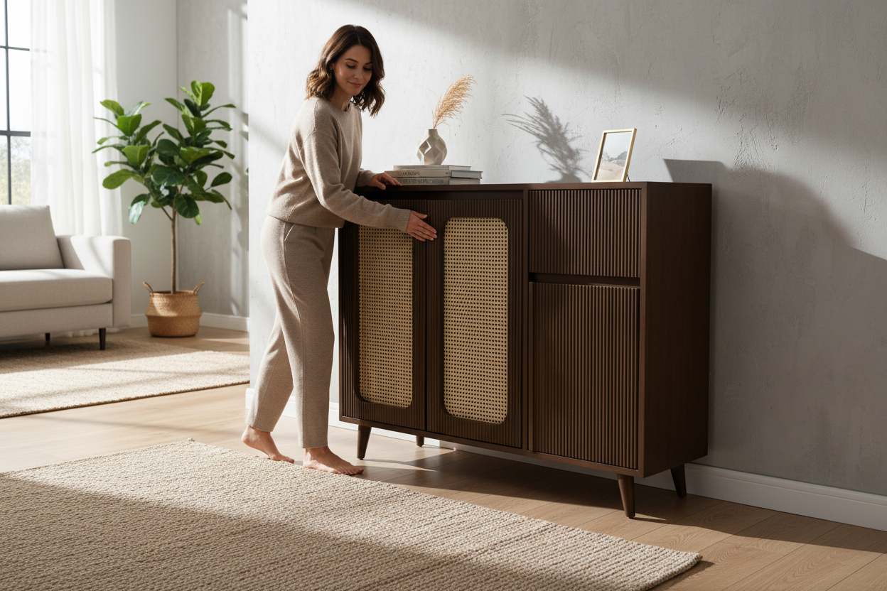 Teak Wood and Plywood Entryway Storage Cabinet with Teak Veneer Solid Wood Shoe Rack (LIGHT WALNUT, 3 Shelves, Pre-assembled)