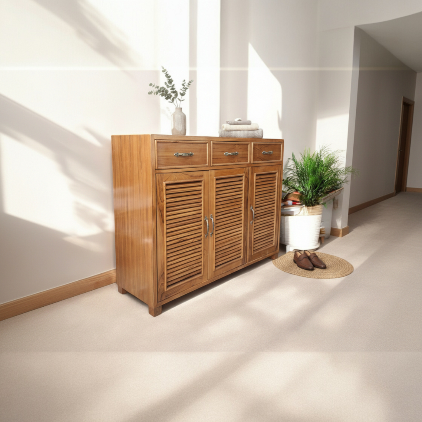 wooden shoe rack teak colour semi matt finish, solid wood shoe stand (teak 4 shelves, pre-assembled)