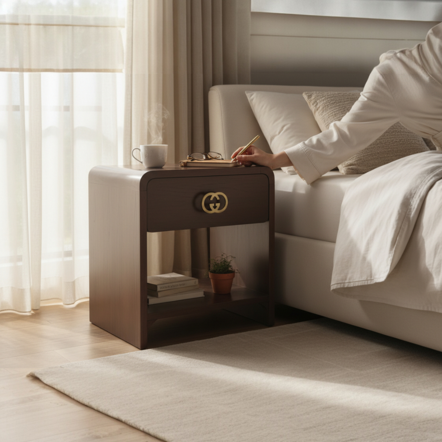 Wooden Bedside Table with Drawer and Open Shelf, Brown Finish, 18x15x18 Inch Nightstand with Decorative Hardware