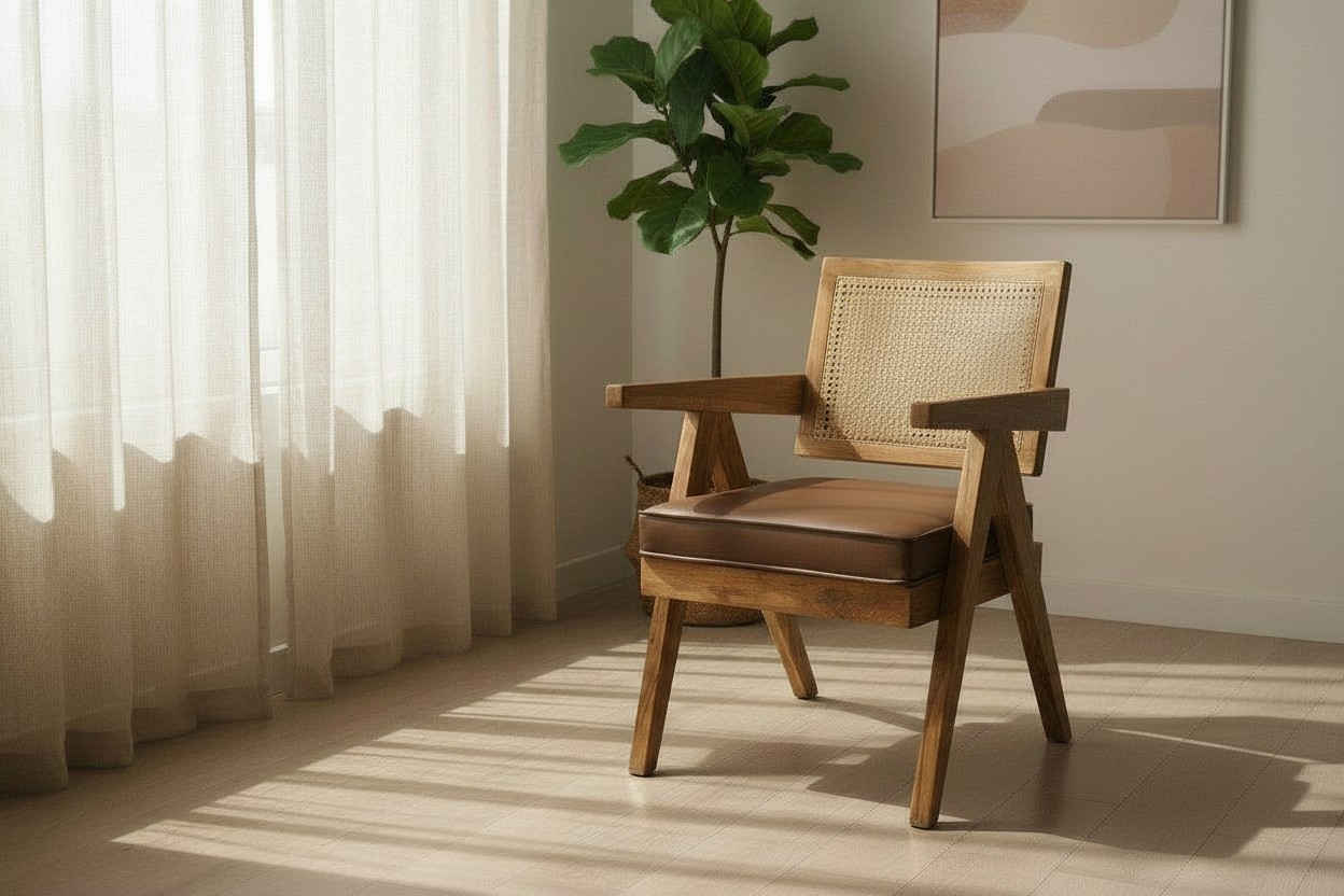 Lumber Casa Living Room Chair with Rattan Back Brown Cushion Seat Solid Wood Living Room Chair (Finish Color - LIGHT WALNUT, Pre-assembled)