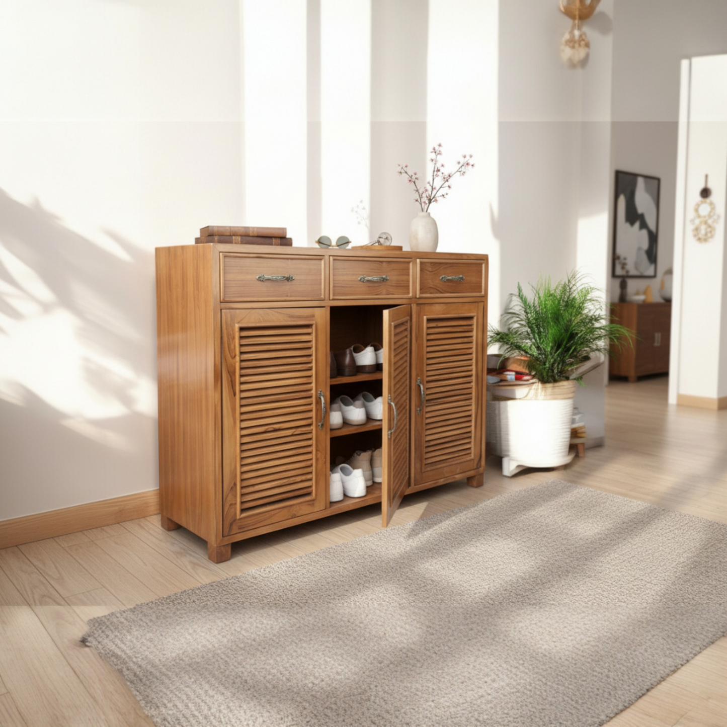 wooden shoe rack teak colour semi matt finish, solid wood shoe stand (teak 4 shelves, pre-assembled)