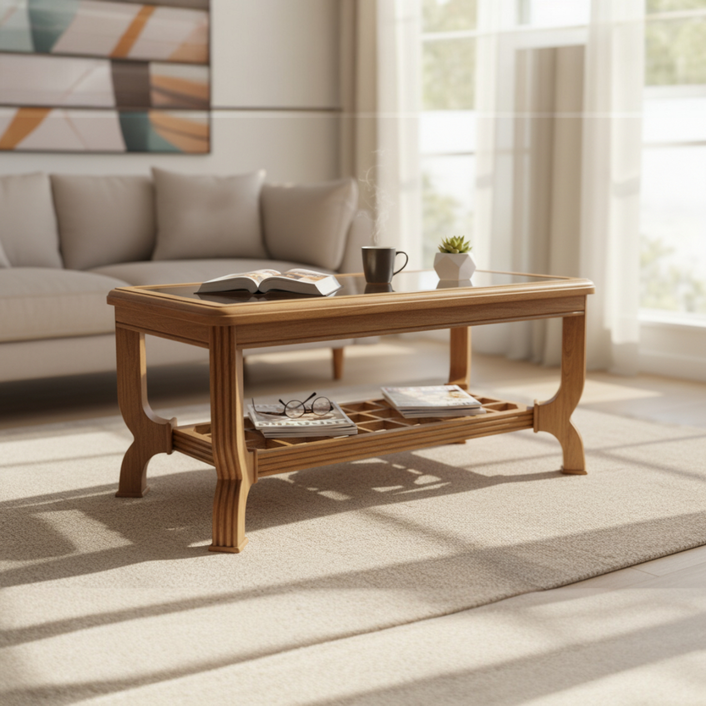 Handcrafted Solid Teak Wood Coffee Table with Elegant Glass Top, Light Walnut Finish, Semi-Matt Polish, Modern Living Room Furniture